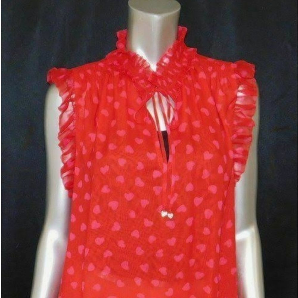 Kate Spade Red Pink Hearts Ruffled Sleeveless Silk Blouse - Picture 1 of 5